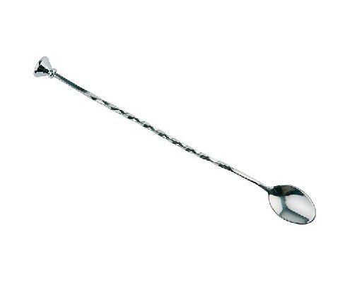 Rozsdamentes acél koktélkeverő kanál csavart nyéllel, jégtörő véggel, 27 cm