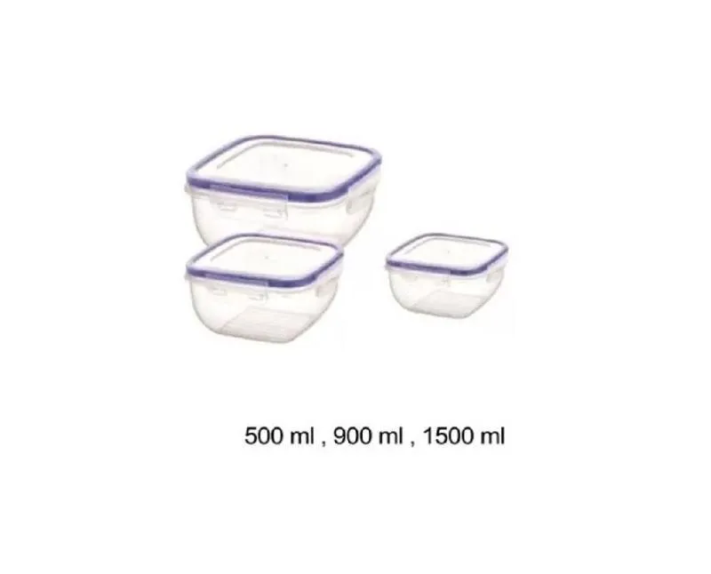 Műanyag ételtároló doboz szett csatos, szögletes, 500/900/1500 ml