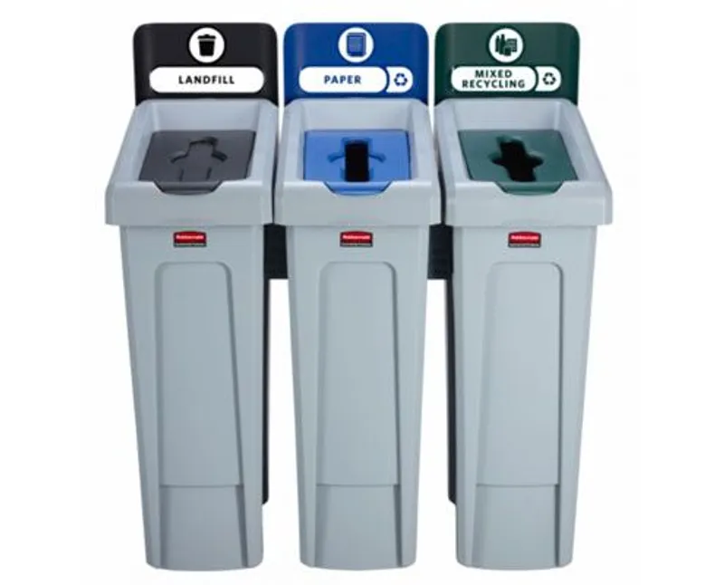 Rubbermaid Slim Jim szelektív hulladékgyűjtő sziget fekete-kék-zöld