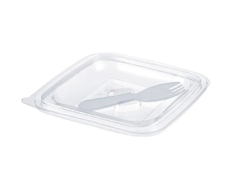 Dishy szögletes salátás tál tető villa tartóval PET víztiszta 125 x 125 x 17 mm 250-500 ml-hez