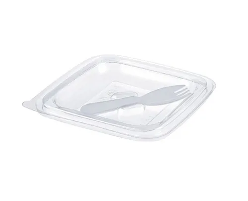 Dishy szögletes salátás tál tető villa tartóval PET víztiszta 125 x 125 x 17 mm 250-500 ml-hez