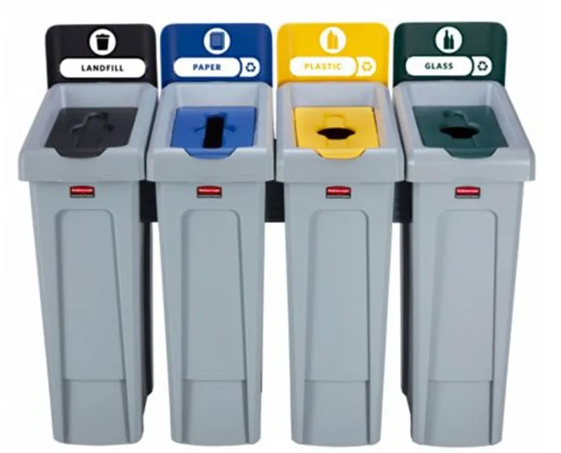 Rubbermaid Slim Jim szelektív hulladékgyűjtő sziget fekete-kék-sárga-zöld