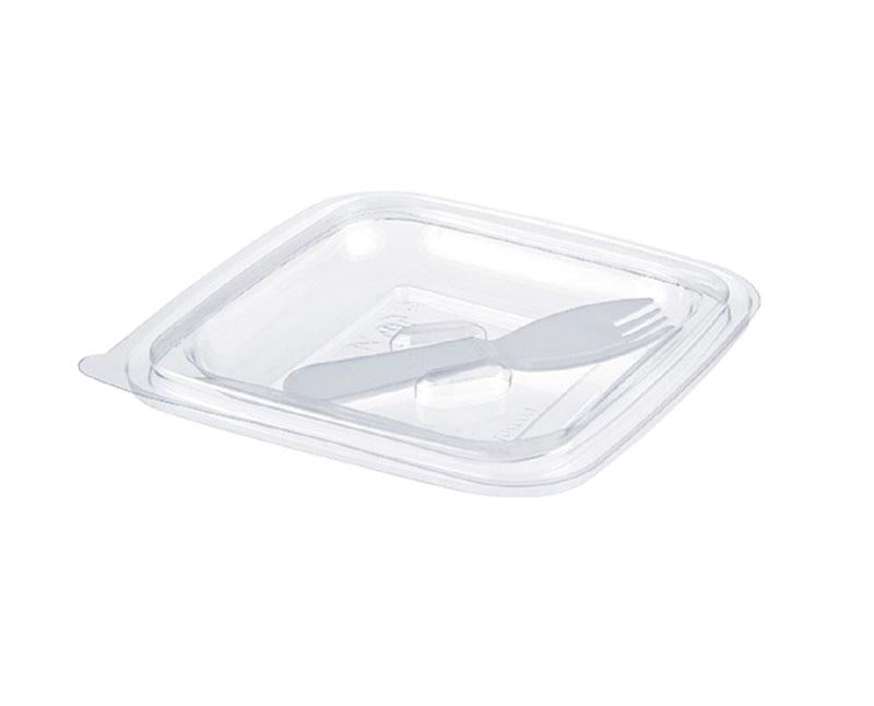 Dishy szögletes salátás tál tető villa tartóval PET víztiszta 125 x 125 x 17 mm 250-500 ml-hez