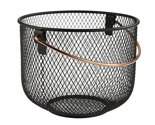 Kosár gyümölcsnek vagy kenyérnek, átm. 21 cm, mag. 16,5 cm, fém, fekete, réz színű füllel Fő kép