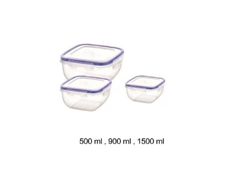Műanyag ételtároló doboz szett csatos, szögletes, 500/900/1500 ml