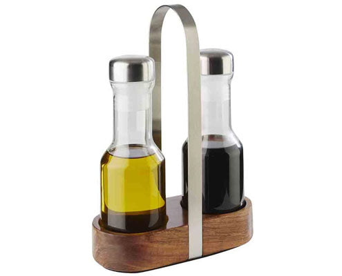 Olaj-ecet tartó szett, mag. 24,5 cm, fa tartó, üveg, fém fedővel, űrt. 200 ml Fő kép