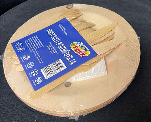 Party szett 6 személyes natúr fa lapostányér + kés + villa Fő kép