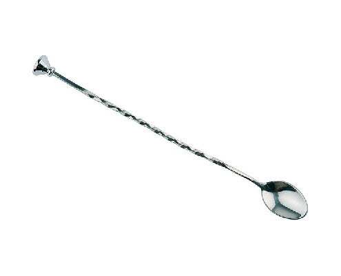 Rozsdamentes acél koktélkeverő kanál csavart nyéllel, jégtörő véggel, 27 cm