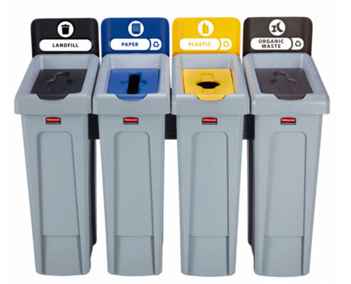 Rubbermaid Slim Jim szelektív hulladékgyűjtő sziget fekete-kék-sárga-barna Fő kép