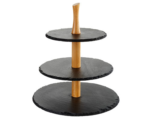 Tortaállvány, 3 szintes, bazalt lapokkal (20-25-30 cm), mag. 34 cm, akácfa-pala Fő kép